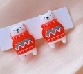 Close-up of cute resin polar bear clip-on earrings in festive red and white colors - 10# Polar Bear / Clip-on Earrings Pair