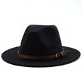 Detailed view of black wool fedora featuring a brown leather band with metal rivets - Black