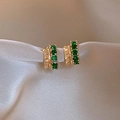 Elegant gold hoop earrings featuring geometric emerald green zircons and textured rivets - Geometric Texture Style (49#)