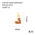 Detail view of 18K gold plated heart pendant with red zircon and dimension markings - 11x8mm (B-8)
