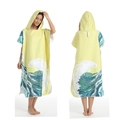 Quick-dry hooded beach poncho towel in yellow with blue wave pattern print for adults - One Size / Button Style - Lime Green Spray