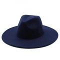 Classic dark blue wide-brim wool fedora hat with a flat brim and elegant indented crown - Adult 56-59cm / Navy Blue