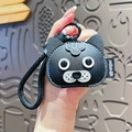 Black leather cat keychain charm with woven strap and metallic ring attachment - Black Cat