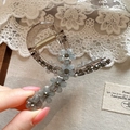 Pinza de pelo gris elegante con flores azules de purpurina y pedrería para mujer - Flor Punteada Azul Verdoso / Verde azulado