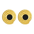 Close-up of 18K gold-plated earrings featuring black enamel centers and rope texture borders - Black