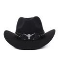 Chapeau de cowboy en feutre de laine noir avec tête de taureau argentée et clous - Noir (Bande en cuir noir)