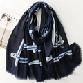 Navy blue cotton linen shawl with horse bit belt pattern and fringe details - 180*88cm / Dark Blue