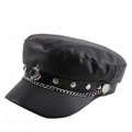 Classic black PU leather navy cap with metal chain and anchor badge for women - Flat Top with Anchor Badge / Black