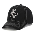 Close-up of black cotton kids baseball cap featuring white T-Rex embroidery and contrast stitching - 52-54cm / Black