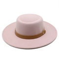Detailed top view of pale pink flat top wool felt hat with brown leather buckle band - M (56-58cm) / Light Pink