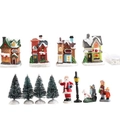 Leuchtendes Weihnachtsdorf-Set aus Harz mit 4 verschneiten Häusern und Mini-Figuren - Kleines Set 12-teilig