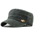 Classic dark green washed cotton flat top army cap with breathable metal eyelets and leather patch - Flat Top Metal Buckle Style / Washed Army Green