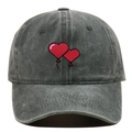 Detail of red heart balloon embroidery on dark gray washed cotton baseball cap texture - Adjustable / Army Green