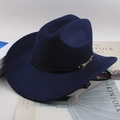 Navy blue wide brim cowboy hat with black leather band and gold buckle on magazines - Long Buckle / Navy Blue