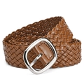 Elegant brown braided faux leather belt for women featuring a shiny finish and silver buckle - Camel