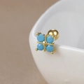 Detailed close-up of a gold-plated cross stud earring with turquoise beads and screw back - E1240-9 Gold - Cross Bead