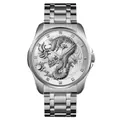 Silver stainless steel business watch for men featuring a dragon relief dial design - Silver Case Silver Dial