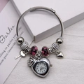 Silver beaded charm bracelet watch with heart dial and rose pendants for women - Pink