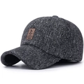 Grey tweed winter baseball cap with ear protection and premium leather patch - Adjustable / Gray