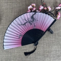 Classic folding fan with pink plum blossom pattern, black bamboo frame and tassel - No.63 Pink Gradient Ink Plum