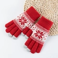 Red knit touchscreen gloves with white Nordic snowflake pattern and thermal ribbed cuffs - One Size / Red
