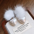 Detail of white plush earrings with pearl heart charms on a wooden display tray - 140# Heart Faux Shell Pom Pom / White