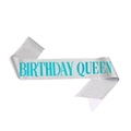 Silver glitter birthday queen sash with teal typography for girls party decoration - Silver Blue Text Birthday Queen