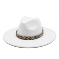 Top view of a white wool jazz hat with an ethnic patterned braided band and flat brim - M (56-58cm) / White
