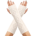 Close-up of cream knit fingerless gloves featuring classic diamond cable patterns - One Size / White