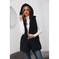 Women's black hooded faux fur vest styled with a white turtleneck and blue jeans - S / Black