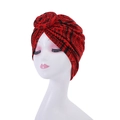 Close-up of red turban hat with black tribal patterns and stylish front flower knot - Style 9-Red Tribal Totem Geometric