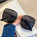 Square beige frame sunglasses with tea-tinted lenses for an elegant retro style look - Black Frame Black Grey Lens