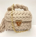 Handmade beige woven handbag with gold chain strap, chunky tassel and metal lock - Beige Woven