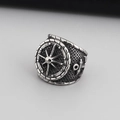 Men's vintage titanium steel nautical ring featuring ship wheel and anchor details - Nautical Compass Anchor Style (KR45107-K)