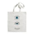 Λευκή πάνινη τσάντα με μπλε τουρκικό μάτι Evil Eye και ενισχυμένες λαβές - Τύπωμα Τρία Μάτια