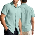 Close-up showing the light green cotton linen fabric texture and button-down shirt collar - S / Light Green