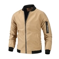Khaki men's bomber jacket with black ribbed trim and zipper arm pocket on white background - M / Khaki