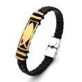 Close-up of black braided leather bracelet with golden maple leaf metal buckle - Fish