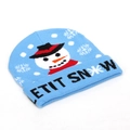 Vista dettagliata di un berretto di Natale in maglia jacquard azzurro con pupazzo - Stile Pupazzo di Neve Azzurro(A)