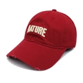 Detail of burgundy baseball cap with NATURE embroidery and distressed brim effect - M (56-58cm) / Burgundy