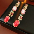 Detailed close-up of vintage cameo earrings with red gems and colorful floral accents - Pink Cameo Portrait Earrings / 30# Silver Earring Post - Gold - Flower