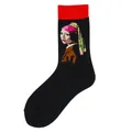 Chaussettes noires artistiques avec motif La Jeune Fille à la perle et bordures rouges - Taille unique / Motif 20/La Jeune Fille à la perle
