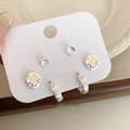 Detailed view of 3-pair earring set featuring smiley face, heart, and flower patterns - 10# Silver and Yellow Oval (6 Pairs)