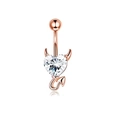 Detail of rose gold devil heart belly ring with clear cubic zirconia and horn accents - Rose Gold