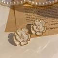 Elegant white camellia flower stud earrings with golden edges and pearl centers - No.51 Creamy White Gold-Edged Camellia (XXX6538)