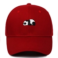 Close-up of detailed panda embroidery on a dark red cotton twill baseball cap - Burgundy