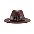 Brown fedora hat with decorative feather, woven band and ethnic ribbon on white background - M (56-58cm) / Coffee