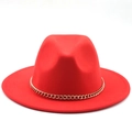 Detailed view of red wool fedora hat featuring a stylish gold chain link band accessory - Orange Red