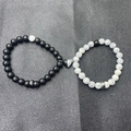 Couples beaded bracelets set featuring black matte beads, white marble and magnetic heart charm - Magnetic Heart Style (Without Card)