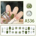 Fresh green heart press-on nails with avocado smudge design and glossy French finish - Green Heart French Style (A536) / 24Pcs/Box (With Glue)